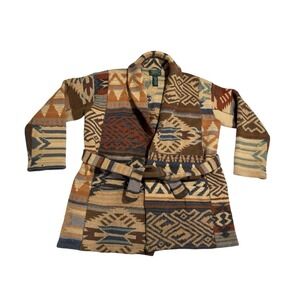 LAUREN RALPH LAUREN Native Pattern Hand Knit Cardigan Womens Sz M Beige Vintage